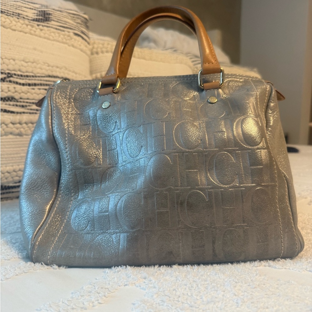 Carolina Herrera Silver and Tan Satchel with Structured Design